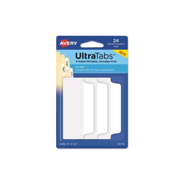 Avery Dennison Avery, ULTRA TABS REPOSITIONABLE WIDE TABS, 1/3-CUT TABS, WHITE, 3in WIDE, 24PK 74776 - main
